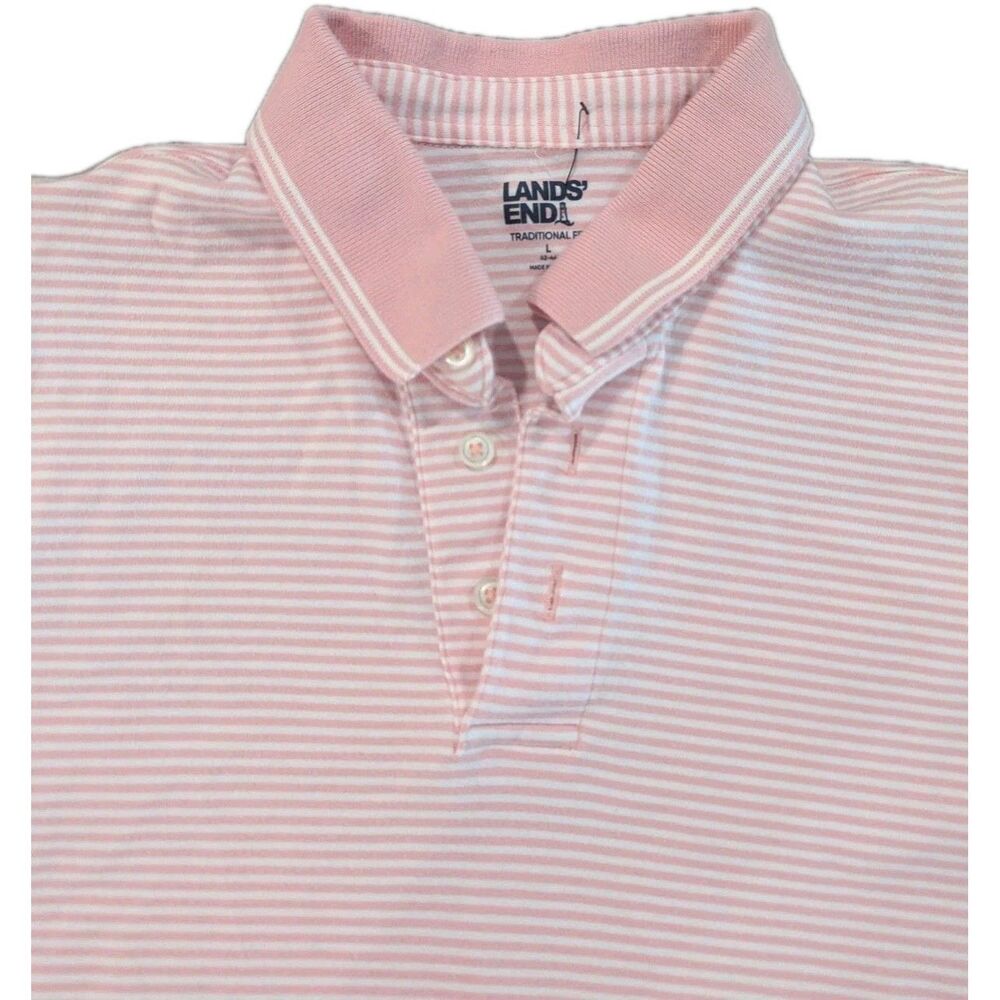Lands‎ End Shirt Mens Polo Classic Casual Preppy Pink Striped Size Large